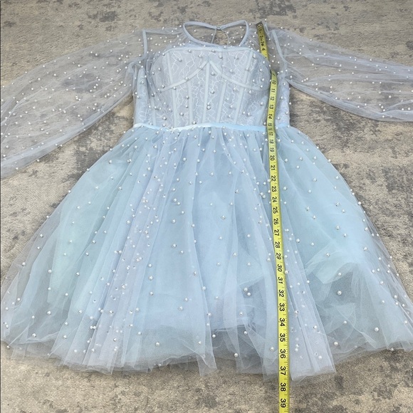 New Mac Duggal Sample Fit Flare Mini Corset Dress Light Blue Pearl Accent Sz 2 - Picture 12 of 14